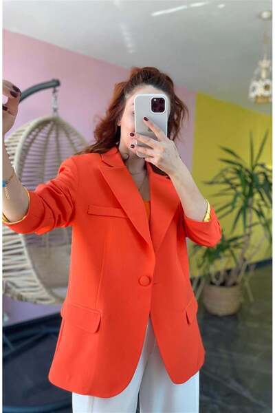 Çiğdem Sonkur Butik Tek Düğme Detaylı Ola Blazer Ceket Turuncu