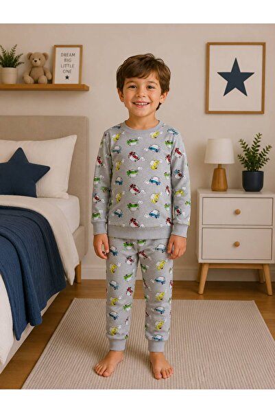 Pajama Shop Dečački pamučni sivi pidžama set sa emoji automobilskim uzorkom i...