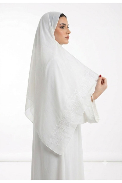 Veil Designer طرحة بوال ابيض بتطريز ابيض هندسي قماش ياباني بتطريز علي طرفين ا...
