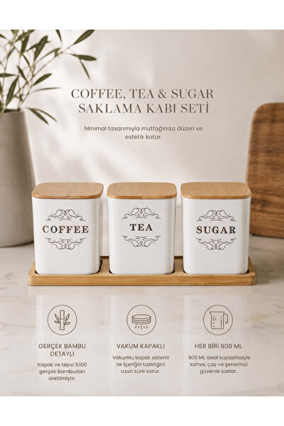 Store HGY HOME Bambu Tepsili 3' lü Çay Kahve Şeker Kutusu - 900ML