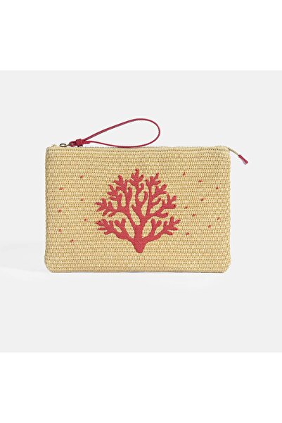 Desa Kırmızı Mercan Nakışlı Hasır Clutch