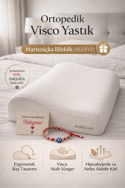 Auracar Ortopedik Visco Boyun Yastığı Boyun Düzleşmesine Destekli Lüks Yastık