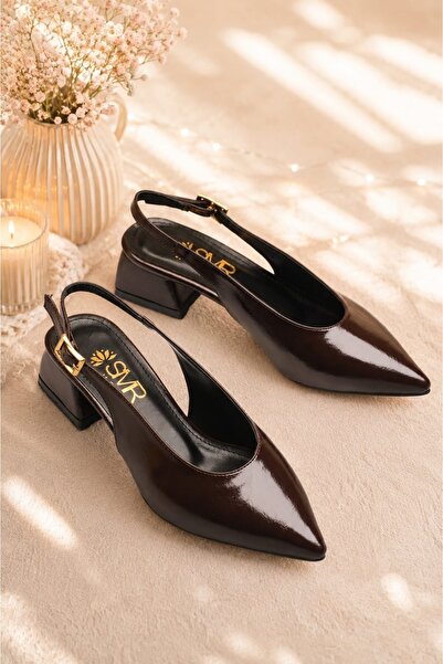 VİP SMR MODA Pantofi cu toc din piele lacuita maro, cu aspect încrețit, 3 cm