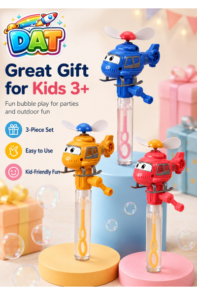 DAT Helicopter Character Bubble Wand Toy with Spinning Propeller & Bubble Sol...