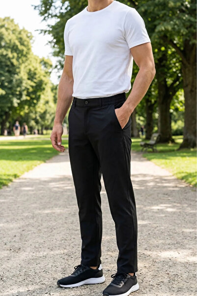 LUGMO Pantaloni elastici pentru bărbați din țesătură parașută neagră