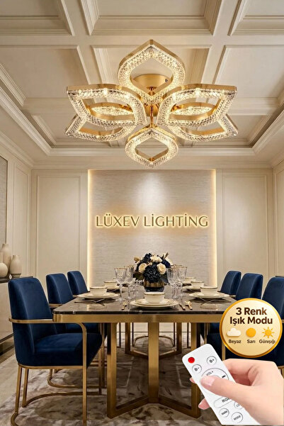 Lüxev Lighting Flora Model Gold 6"lı Ledli 3 Renk Modu Kristal Salon Mutfak Y...