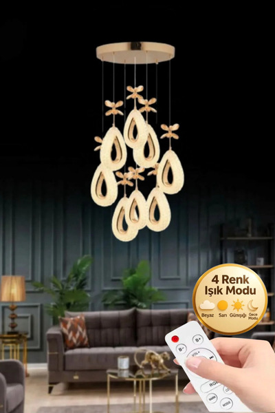 Lumia Lighting Damla Model 8'li Gold Kumandalı 3 Renk Modu Kristal Taşlı Mode...