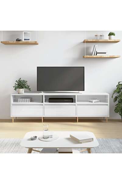 Concept Comodă TV, alb extralucios, 150x30x44,5 cm, lemn prelucrat