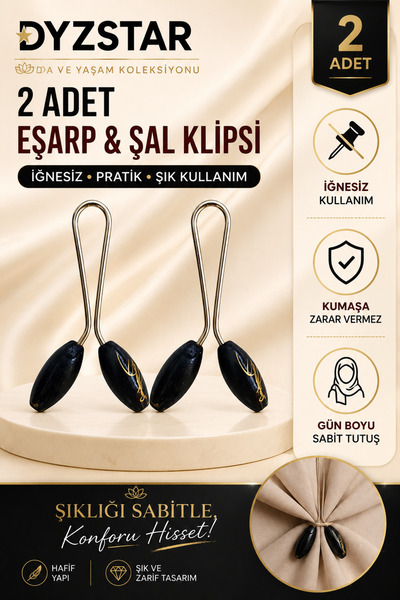 Genel Markalar 2 Adet Tesettür Eşarp ve Şal Klipsi Siyah İğnesiz Şal Tutucu Seti