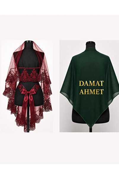 ELYNA Bordo Gelin Duvağı & İsimli Yeşil Şifon Damat Örtüsü 2li Set Baskılı Ge...