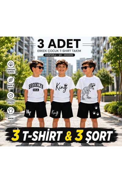 Kids Boys' 3-Piece T-Shirt Shorts Set - 100% Cotton Brooklyn, King, and Dinos...