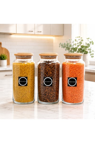 mafa home 6'lı Ahşap Vakum Kapaklı Cam Bakliyat Erzak Saklama Seti 1400 ml Et...