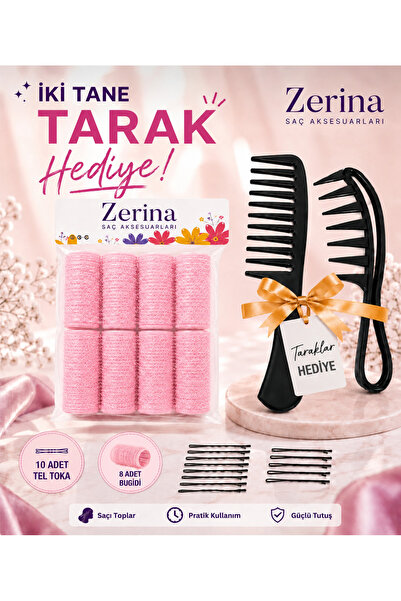 blackcomb Pembe Cırtlı Sünger Bigudi 8Li + 10 Tel Toka + 2 Adet Tarak Hediyeli