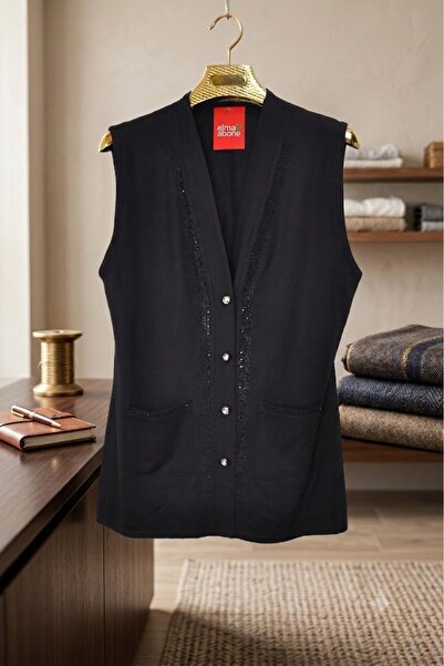 elma abone Plus Size Four Button Mother's Cotton Stone-Embellished Short Vest
