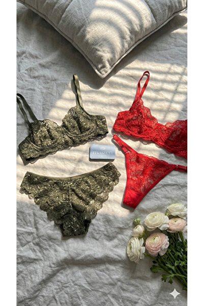 MAİZEN Set de sutien din dantelă, verde și roșu, din 2 piese, fără burete, pe...