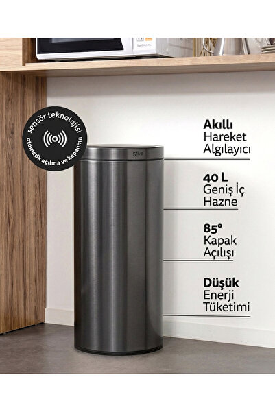 5FIVE Delta 40 L Otomatik Sensörlü Çöp Kovası | Siyah, Metal Gövde, Akıllı Ha...