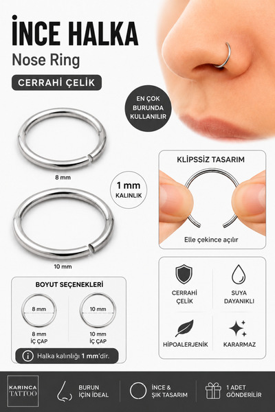 Karınca Piercing İnce Halka Piercing Helix Daith Rook Septum Cerrahi Çelik Ku...