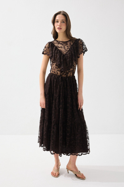 Gusto Long Lace Skirt - Brown