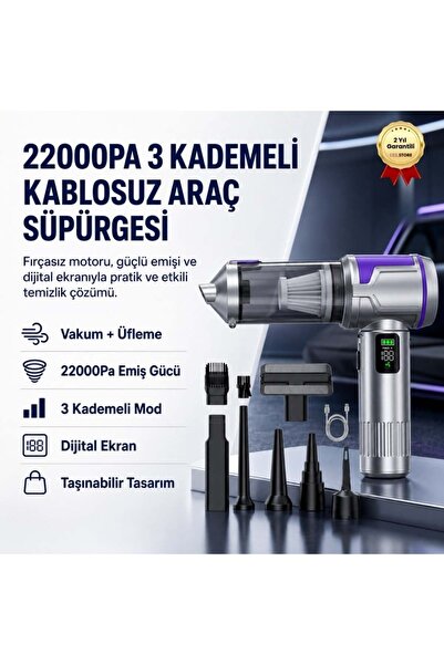 hızlı store HL-163 22000PA Şarjlı Araç Taşınabilir Süpürgesi - 3 Kademeli Dij...