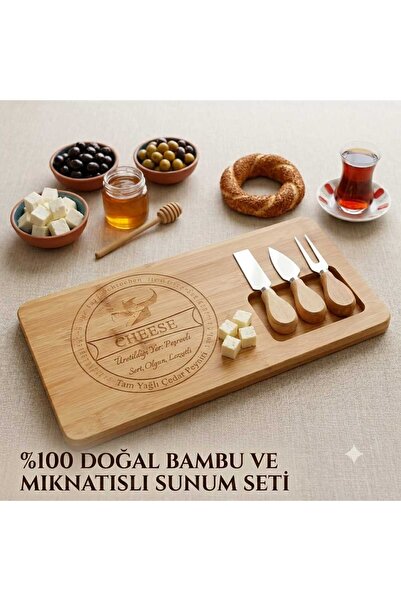 umut züccaciye Bambu Peynir Sunum Tabağı 3 Adet Bıçaklı Ve Çatallı Mıknatıs Ö...