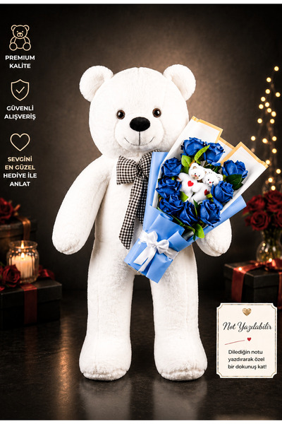 lenostra 90cm White Plush Bear and Blue Rose Bouquet with Teddy Bear Detail t...