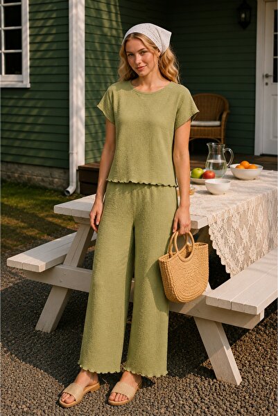 rindahomewear Set de pijamale verde din țesătură Bürümcük, cu mâneci scurte
