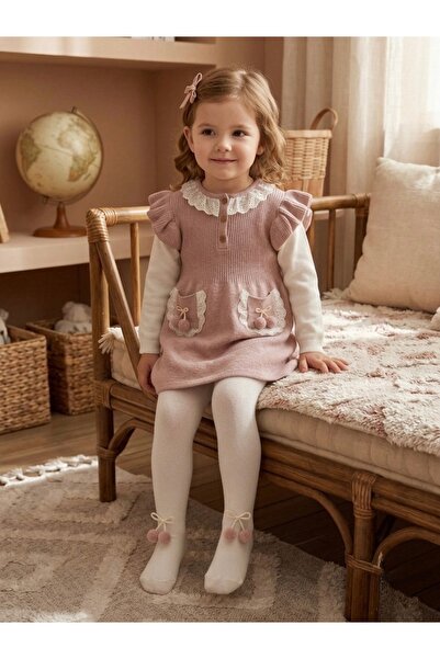Baby Girl Pink Knitwear Dress Pantyhose Set Lace Collar Ruffle Sleeve Special Day Dress 6-24 Months
