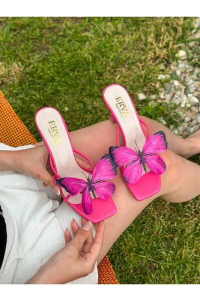 ERVANIN BUTİĞİ Fuchsia Skin (Butter) Fuchsia Butterfly Heeled Women's Slippers