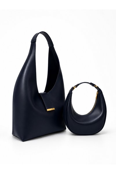 fular & bags Women's Double Set Zipper Closure Navy Blue Hand and Shoulder Bag