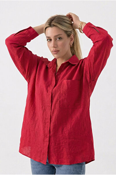 ECOTİQUE Women's Red Linen Shirt Loose Oversized Shirt with Pockets 100% Linen