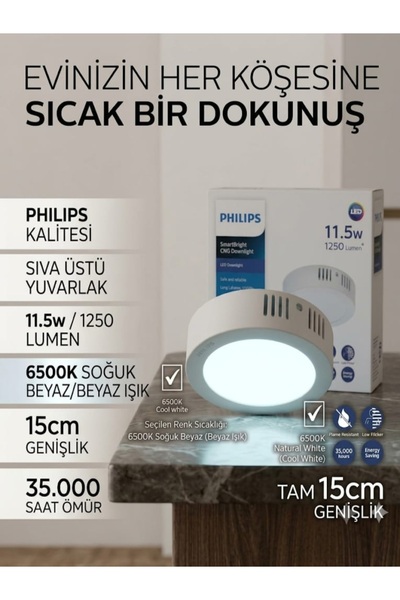 Philips DN058C LED12 865 Beyaz Işık 1250 Lümen Sıva Üstü Yuvarlak Spot