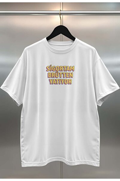 buzagi Sigortam Brütten Yatıyor Komik Oversize Digital Printed White T-Shirt