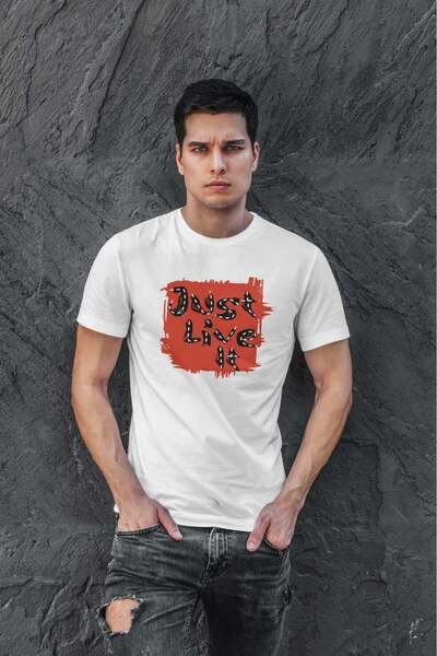 buzagi tasarım ürünleri Just Live It Digital Print Regular Fit White Unisex T...