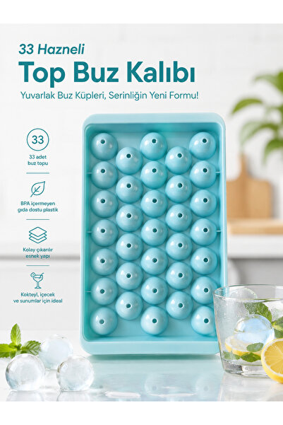 optana 33 Bölmeli Misket Buz Kalıbı Kapaklı 33 Hazneli Yuvarlak Buz Kalıbı Ko...
