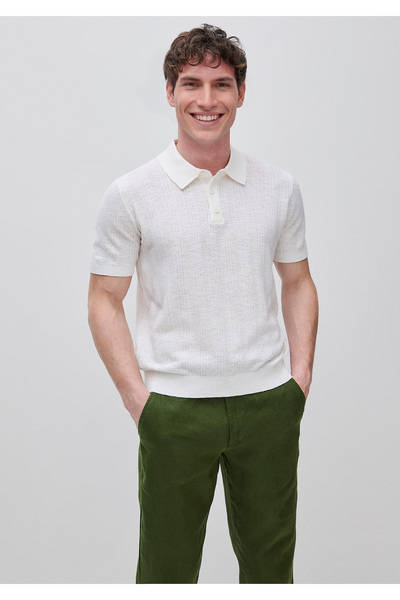 United Colors of Benetton Men's cream cotton linen blend button-down knit pol...