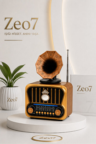 Zeo7 Gramafon Tasarımlı Retro Şarjlı Bluetooth Radyo AM FM SW USB TF Kart Des...