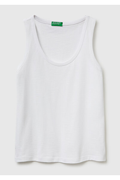 United Colors of Benetton Women's white 100% cotton wide round neck strappy t...
