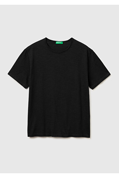 United Colors of Benetton تي شيرت رجالي أسود 100% قطن بقصة عادية وياقة دائرية