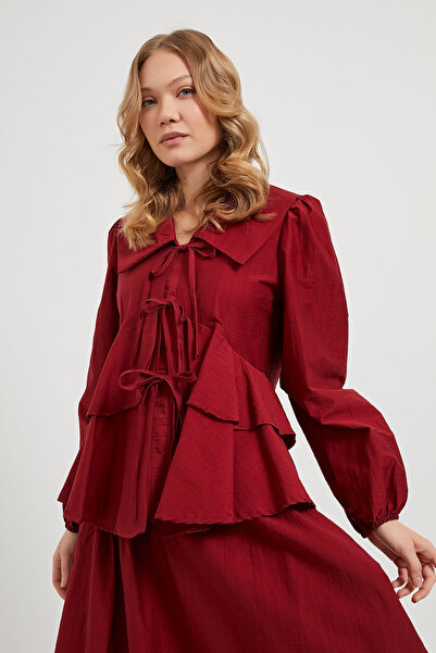 Arma Life Women's Lace-Up Flounce Long Sleeve Loose Burgundy Blouse