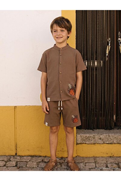 Civil Boys Pantaloni scurți cu model de frunze pentru copii de 6-9 ani - Maro