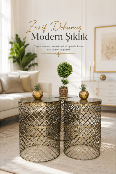 VENON Güven Avize Metal Modern Sehpa 3lü Takım Siyah Sarı Patine250x480)(300X...