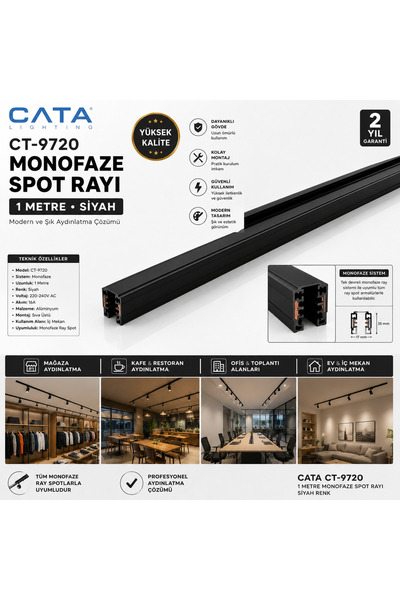 Genel Markalar Cata CT-9720 Monofaze Ray Sistemi 1 Metre Siyah Spot Rayı Deko...