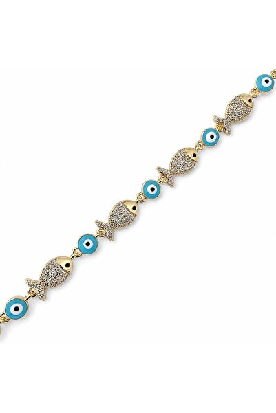 Zeino Balık Figürlü Nazar Boncuklu Bileklik - 14k Altın Rengi Kaplama, 16+2 cm