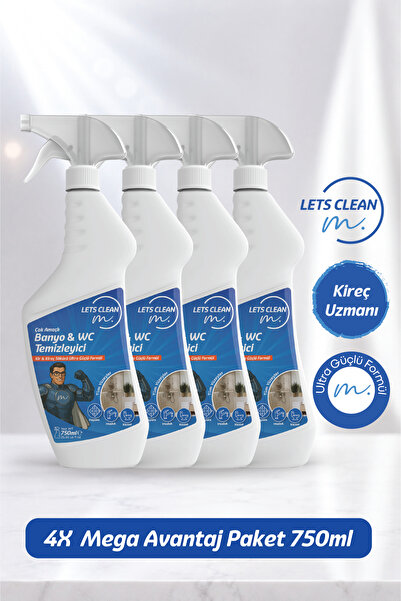 letsClean Güçlü Banyo WC Temizleyici Kireç Pas ve Kir Çözücü Sprey - 4x750 ml