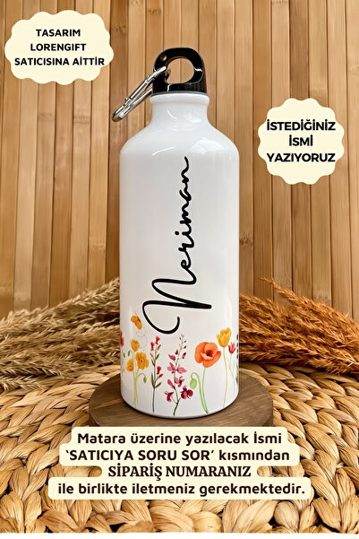 Loren Gift Kişiye Özel İsimli Kancalı Alüminyum Suluk Matara Bahar Huzuru 600 ml