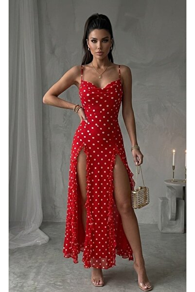 Vavelsa Double Slit Ruffled Polka Dot Long Dress