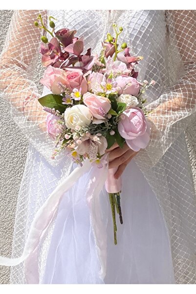 DUGİNA Modern Gelin Buketi Pembe Orkide Gül Şakayık Nişan Çiçeği Damat Yaka Ö...