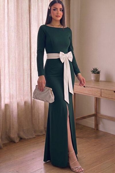 ALFUDO Moda Collection Maxi Balık Slit White Bow Graduation Evening Dress