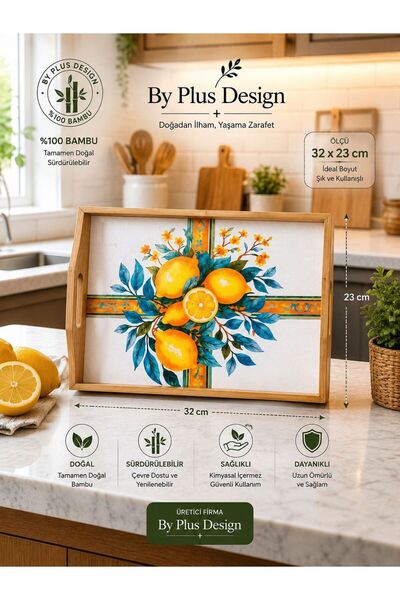 BY Plus Design Bambu Tepsi Çay Kahve Sunum Tepsisi Şık Kulplu modern görünüm