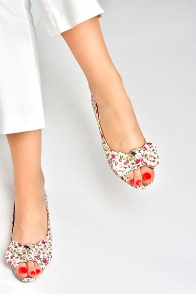 Fox Shoes Bež/crveni laneni cvetni print ženske balerine M726103005